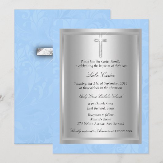 Silver Cross Blue Baptism Christening Kaart (Voorkant / Achterkant)