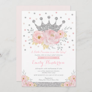 Silver Crown Princess Blush Floral Baby shower Inv Kaart