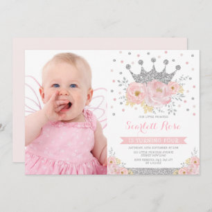 Silver Crown Princess Blush Floral Birthday Foto Kaart