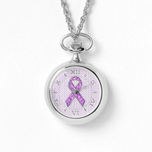 Silver Crystal Pink Ribbon Awareness Knit Dial Horloge