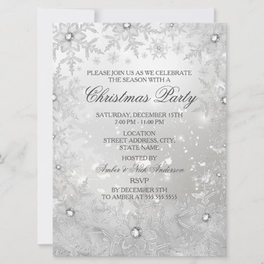 Silver Crystal Snowflake-kerstfeest Uitnodiging (Voorkant)