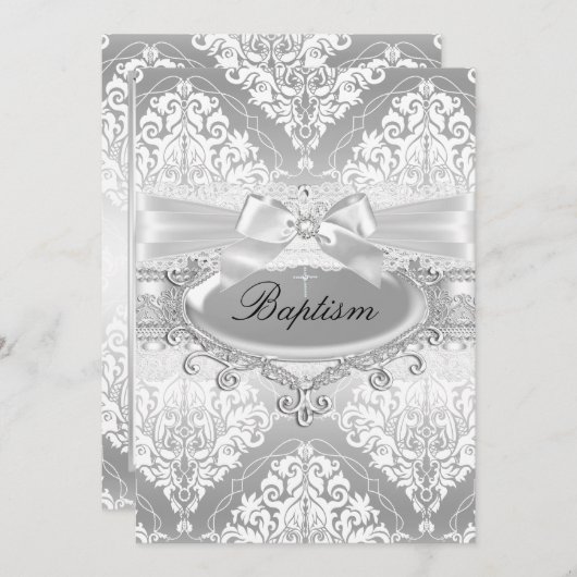 Silver Damask Bow Baptism Uitnodiging (Voorkant / Achterkant)