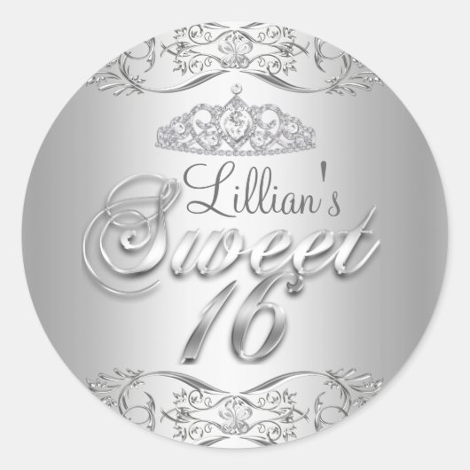 Silver Damask & Diamond Tiara Sweet 16 Sticker (Voorkant)
