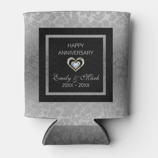 Silver Damask en harten- Bruiloft Jubileum Blikjeskoeler (Voorkant)