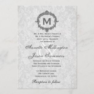 Silver Damask Grey Lijst Monogram Weddenschap Kaart