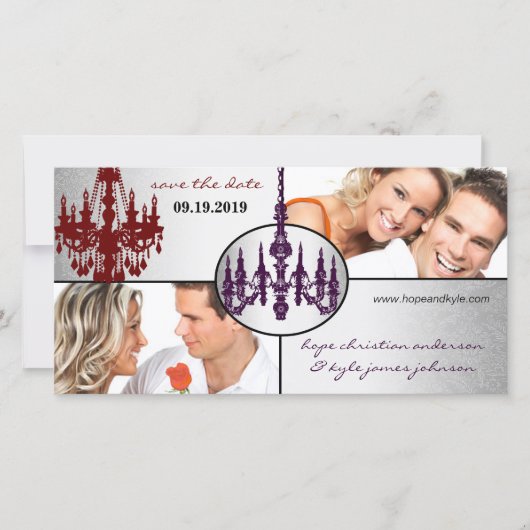 Silver Damask luhandelier redt Date Photo Save The Date (Voorkant)