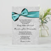 Silver Damask met Blauwgroen Printed Bow Wedding V Kaart (Staand voorkant)