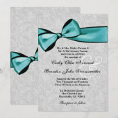 Silver Damask met Blauwgroen Printed Bow Wedding V Kaart (Voorkant / Achterkant)