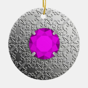 Silver Damask met een faux amethyst gemstone Keramisch Ornament