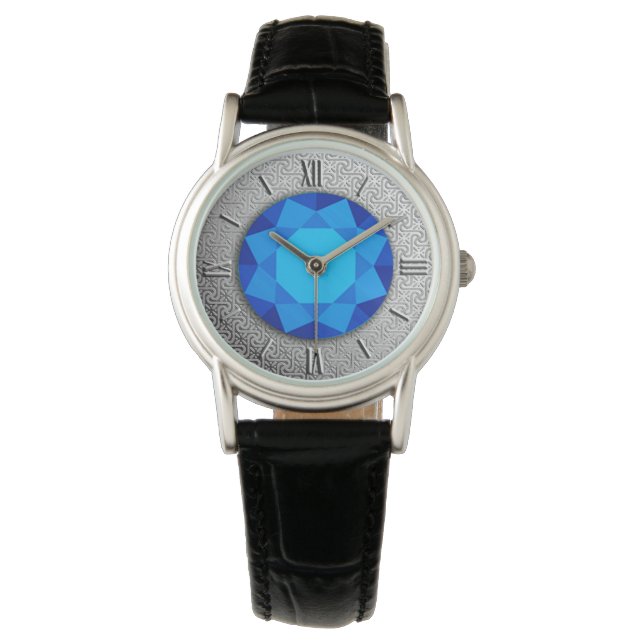 Silver Damask met een faux blue saffiergem Horloge (Voorkant)