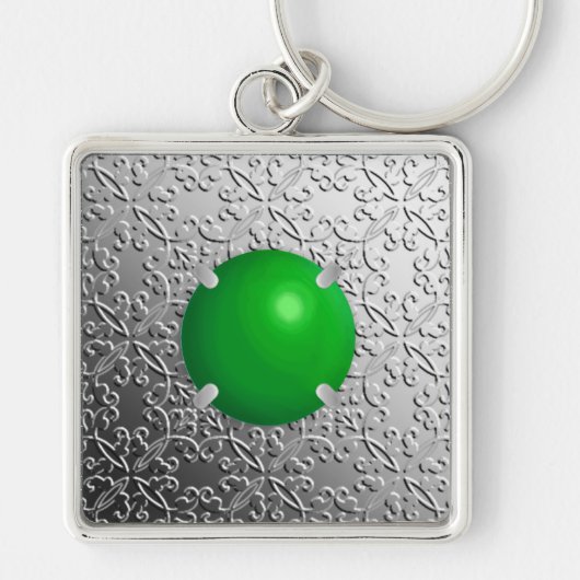Silver Damask met een faux jade gemstone Sleutelhanger (Voorkant)