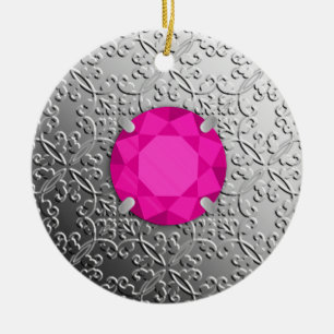 Silver Damask met een faux roze tourmaline gem Keramisch Ornament