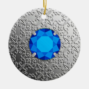 Silver Damask met een faux sapphire gemstone Keramisch Ornament