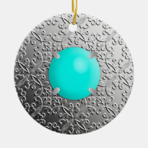 Silver Damask met een faux turquoise gemstone Keramisch Ornament