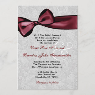 Silver Damask met Wine Red Gedrukt Bow Wedding Kaart
