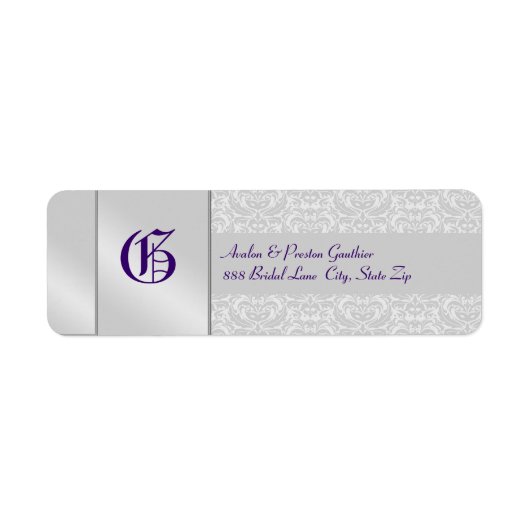 Silver Damask Monogramme violet Mariage Étiquette (Devant)