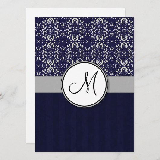 Silver Damask op Blue met Stripes en Monogram Kaart (Voorkant / Achterkant)
