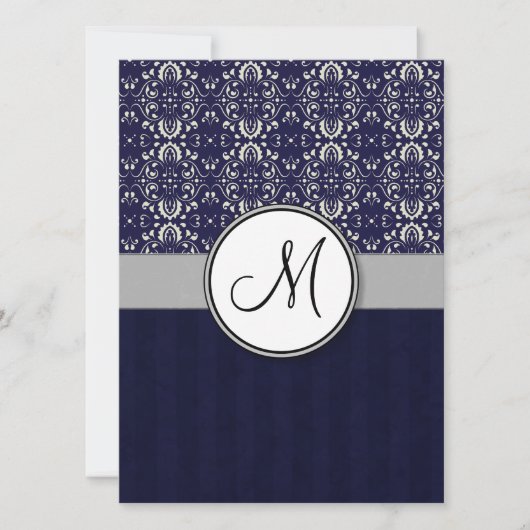 Silver Damask op Blue met Stripes en Monogram Kaart (Voorkant)