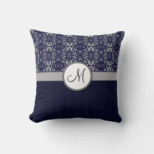 Silver Damask op Blue met Stripes en Monogram Kussen