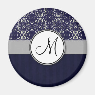 Silver Damask op Blue met Stripes en Monogram Magneet