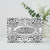  Silver Damask Sweet 16 RSVP Kaart (Staand voorkant)
