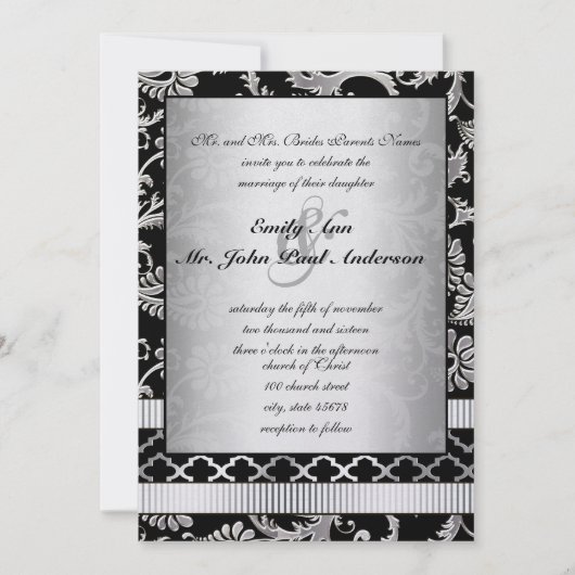 Silver Damask Swirls Wedding Invitation Kaart (Voorkant)