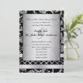 Silver Damask Swirls Wedding Invitation Kaart (Staand voorkant)