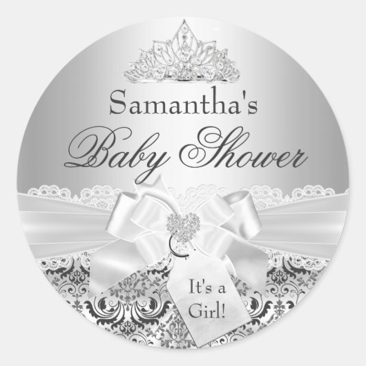 Silver Damask & Tiara Baby shower Sticker (Voorkant)