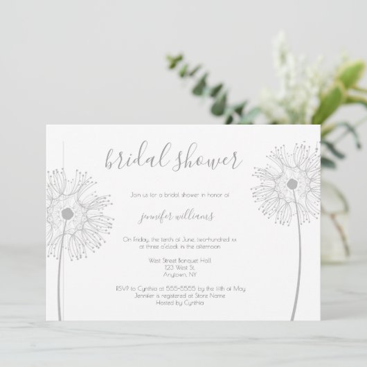 Silver Dandelion floral bridale doucheuitnodiginge Kaart (Staand voorkant)