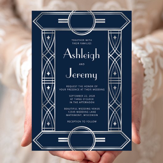 Silver Deco Lijst Navy Blue Wedding Kaart