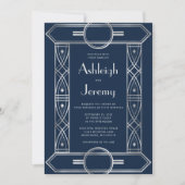 Silver Deco Lijst Navy Blue Wedding Kaart (Voorkant)