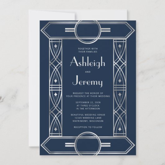 Silver  Deco Lijst Navy Blue Wedding Kaart (Voorkant)