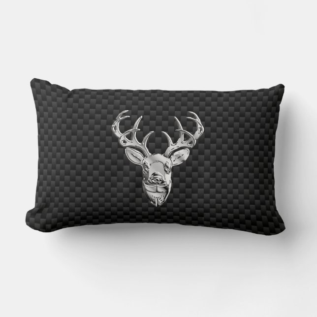 Silver Deer Face op Carbon Fibre Style Print Kussen (Voorkant)