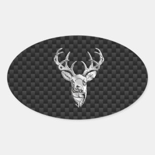 Silver Deer Face op Carbon Fibre Style Print Ovale Sticker