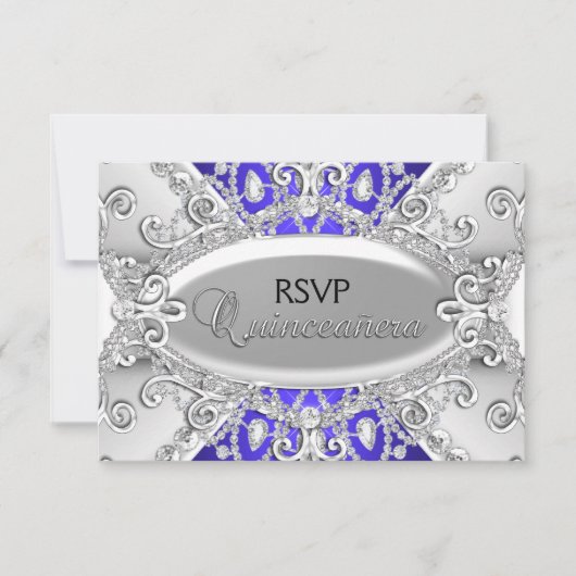 Silver & Diamant Bleu Damask Quinceanera RSVP (Devant)