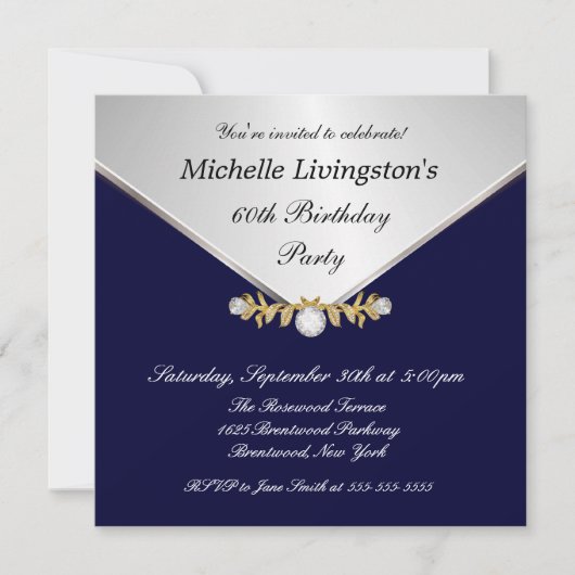 Silver Diamond Brooch Navy Blue Womens Invitations Kaart (Voorkant)