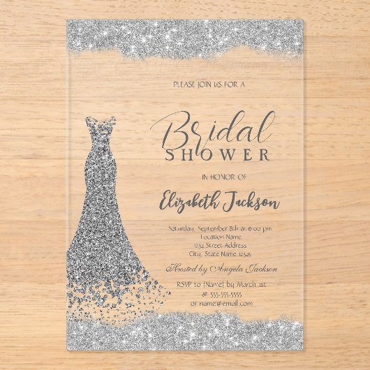 Silver Diamond Dress Sparkle Lijst Acryl Uitnodigingen (Voorkant)