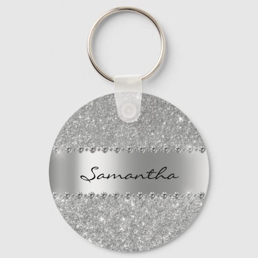 Silver Diamond Glitter Bling Metallic Monogram Sleutelhanger (Voorkant)