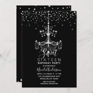 Silver Diamond Glitter Chandelier Sweet 16 Party Kaart