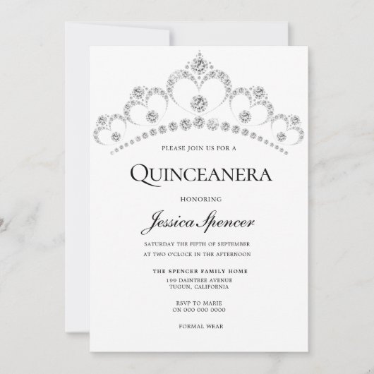 Silver Diamond Tiara Quinceanera Party Invite Kaart (Voorkant)