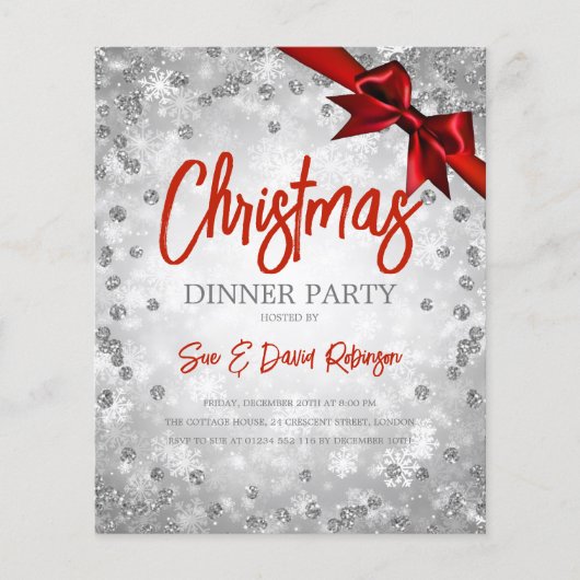 Silver DiamondGlitter Kerstfeestdag Red Invite Flyer (Voorkant)
