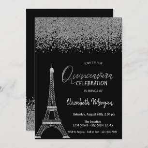 Silver Diamonds, Eiffel Tower Black Quinceañera Kaart
