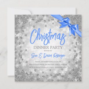 Silver Diamonds Glitter Blue Ribbon Kerstmis