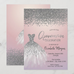Silver Diamonds, Glitter Dress Pink Quinceañera Kaart