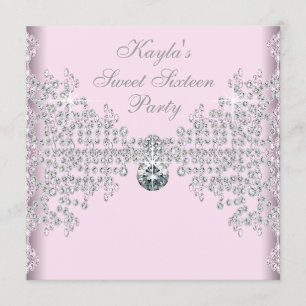 Silver Diamonds Pink Sweet 16 Birthday Party Kaart