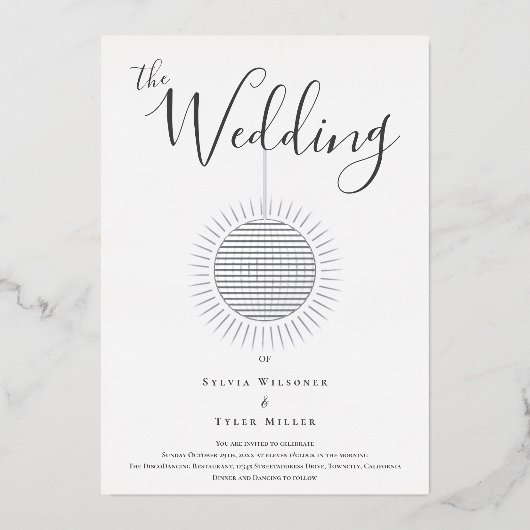 Silver Disco Ball Bruiloft Folie Uitnodiging (Voorkant)