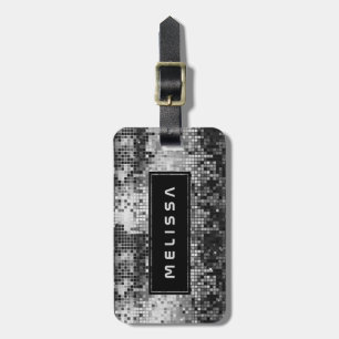 Silver Disco ball Glitter Black Accent Monogram Bagagelabel