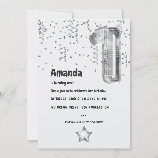 Silver Disco Balloon 1st Birthday Party Kaart (Voorkant)