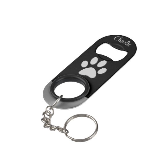 Silver Dog Paw op zwarte achtergrond Mini Flessenopener (Achterkant Gekanteld)