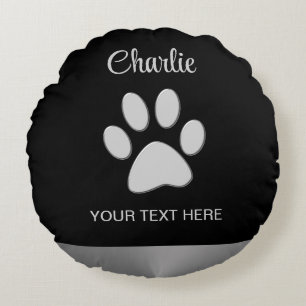 Silver Dog Paw op zwarte achtergrond Rond Kussen